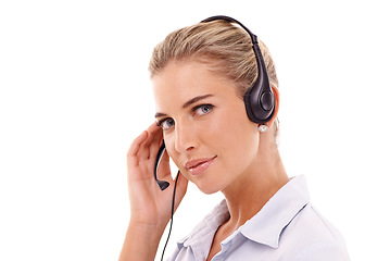 Image showing Telemarketing communication, face portrait or woman consulting on contact us CRM, customer support or call center. Telecom microphone, customer service mockup or consultant on white background studio