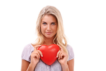 Image showing Heart, love and portrait of woman with red object, romantic product or emoji icon for Valentines Day holiday. Beauty face, studio smile and headshot of happy model girl isolated on white background