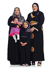 Image showing Muslim family, portrait and women with children together in hijab for Islam religion love, peace and arab culture. Arabic mother, grandmother and kids together for eid isolated on a white background