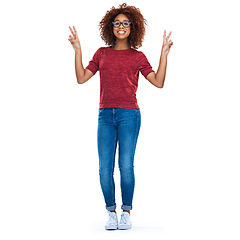 Image showing Portrait, peace and social media with a black woman in studio isolated on a white background with a hand sign. Comic, emoji and gesture with a happy young female posing on blank advertising space