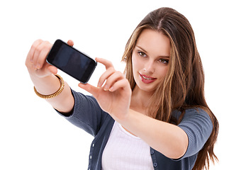 Image showing Digital phone selfie, studio and woman with cellphone memory picture for social media app, online website or social network. Mobile smartphone user, technology and model girl pose on white background