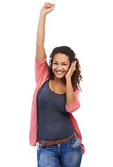 Image showing Portrait, music and woman with headphones in studio isolated on a white background mock up. Face, dance and happy female with headset streaming, listening or enjoying podcast, radio or audio song.