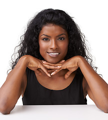 Image showing Portrait, beauty and cosmetics with an indian woman in studio isolated on a white background for skincare. Face, luxury or wellness with an attractive young female posing to promote natural treatment