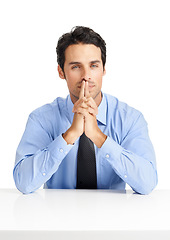 Image showing Thinking, portrait and businessman in studio planning strategy, goal and vision isolated on white background. Man and business owner with ambition, mindset and an expert consultant in management