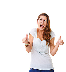 Image showing Wow, thumbs up and woman in studio for success, thank you or marketing achievement on mockup. Excited model with ideas on face and ok or yes hands sign on advertising space or mock up for branding