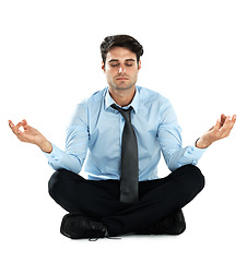 Image showing Yoga meditation, relax and businessman meditate for work stress relief, spiritual mental health or chakra energy healing. Lotus, zen mindset peace and employee mindfulness on white background studio