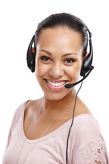 Image showing Woman, portrait and call center agent in studio, headset with CRM with customer service isolated on white background. Contact us, telemarketing with tech support, customer care and female smile