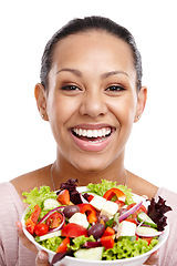 Image showing Happy, wellness and portrait of black woman with salad for health, diet and lose weight nutrition lifestyle. Attractive smile of excited woman with healthy food on isolated white background