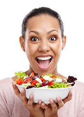 Image showing Health, wow and portrait of woman with salad for diet, wellness and lose weight nutrition lifestyle. Smile of happy and excited black woman with healthy food on isolated white background.