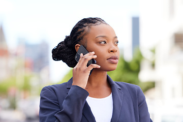 Image showing Phone call, city and business woman with communication strategy, negotiation and networking in outdoor planning, growth and management. Corporate black woman talking on cellphone for entrepreneur job