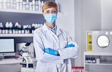 Image showing Covid, portrait or senior scientist in a laboratory working on biotechnology for medical healthcare innovation. Coronavirus, black woman or doctor in face mask or gloves helping with science research