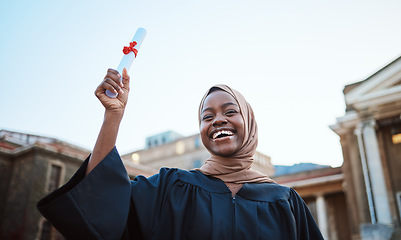 Image showing Education, graduation and portrait of Muslim woman at university, college and academic campus with diploma. Celebration, certificate ceremony and girl student with success, victory and achievement