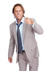 Image showing Point, angry and business man portrait of a professional manager feeling frustrated. Isolated, white background and anger of a upset person from work in a suit with job problems and conflict