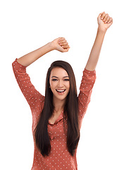 Image showing Woman, happy and dance arms for success, freedom and achievement in white background. Yes, smile portrait and person dancing for happiness, excited energy and lifestyle motivation isolated in studio