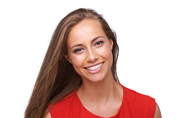 Image showing Smile, perfect teeth and beauty portrait of a woman isolated on a white background with a positive mindset. Young professional female model happy in studio with makeup, cosmetics and hair care