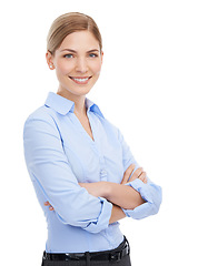 Image showing Portrait, woman arms crossed and business with sales growth, advertising agency and agent isolated on white studio background. Female, leader and ceo with smile, confident employee or project success