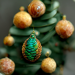 Image showing Green and golden christmas decorations on fir tree, ornament bac