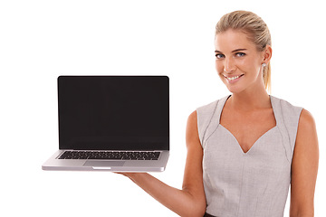 Image showing Portrait, businesswoman and laptop with mockup in studio, isolated or white background of advertising space. Happy worker, female model and computer technology, website and digital marketing platform