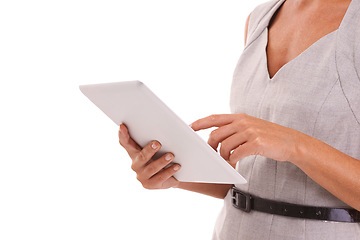 Image showing Hands, business woman and tablet in studio, isolated on white background or mockup space. Closeup worker, female model and digital technology for corporate management, internet advertising or web app