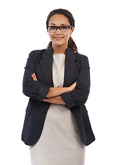 Image showing Black woman, studio portrait and arms crossed for business vision, success and suit by white background. Black woman, corporate executive leader and isolated professional with focus for motivation