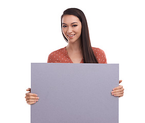 Image showing Marketing mockup, portrait and woman with poster, placard or billboard for promotion, advertising or product placement. Sign, banner space and sales model girl with studio mock up on white background