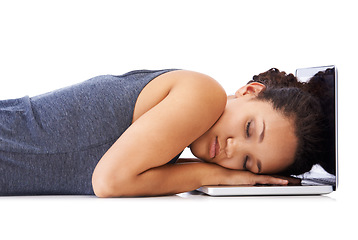 Image showing Tired, sleeping and laptop of student in studio for study depression, burnout and mental health risk. Black woman with fatigue, low energy and depressed sleep on pc while studying for university exam