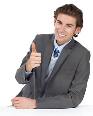 Image showing Portrait, thumbs up and business man in studio isolated on a white background. Face, entrepreneur and male employee with thumbsup hand gesture for success, support or motivation, yes or like emoji.