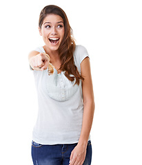 Image showing Laugh, bullying and woman pointing in studio isolated on white background for humor, shame and mocking gesture. Body language, mean and girl point finger for attitude, making fun and laughing at joke