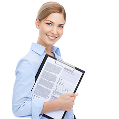 Image showing Business woman, portrait and clipboard on isolated white background for cv review, recruitment or mockup job interview. Smile, happy and human resources worker with paper documents for we are hiring