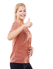 Image showing Portrait, stomach and thumbs up of woman in studio on a white background mock up. Thumbsup, belly and face of happy female with hand gesture for like emoji, approval or thank you, health or wellness