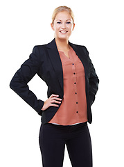 Image showing Leadership, portrait and business woman in studio isolated on a white background mock up. Ceo, boss and face of confident, proud and happy female entrepreneur with vision, mission and success mindset