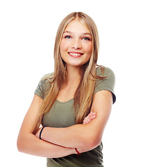 Image showing Woman portrait, happy and beauty of teenager with a smile, arms crossed and positive mindset on white background. Face of young female model with makeup, cosmetics and long hair with a glow and shine