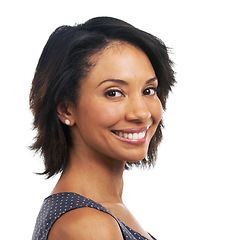 Image showing Wellness, beauty and portrait of black woman on a white background for glow, cosmetics and makeup. Skincare, natural lifestyle and face headshot of girl with big smile, confident and happy in studio