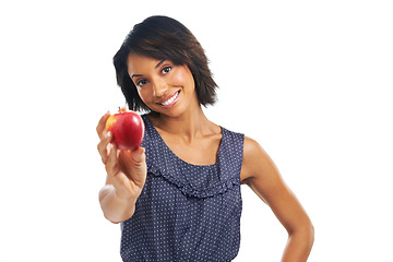 Image showing Portrait, mockup or black woman eating an apple or fruits in studio on white background with marketing space. Smile, organic or happy African girl advertising healthy diet for self care or wellness