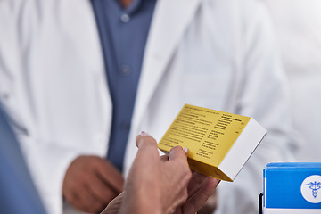 Image showing Medication, pill box and doctor with a patient discussing a medical treatment in the hospital. Medicine, professional and healthcare specialist in consulting for prescription drugs in medicare clinic