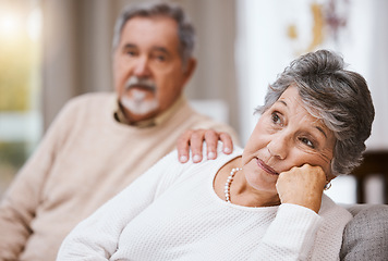 Image showing Senior couple, stress and depressed together on home living room couch thinking about divorce, retirement and financial problem or crisis. Old man and woman with conflict in marriage after fight