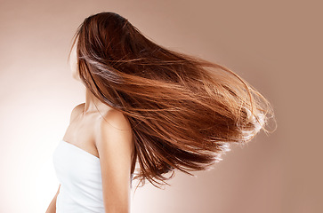 Image showing Beauty, hairstyle and hair care of woman in studio on a brown background. Haircare, cosmetics and aesthetics of young female model with balayage after salon treatment for healthy growth and texture.