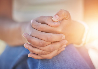 Image showing Woman, hands clasped and nervous depression, anxiety or mental health in psychology crisis, problem or bipolar risk. Zoom, prayer fingers or person with stress, burnout counseling help or mind trauma