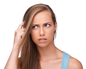 Image showing Thinking, stress and confused girl with question scratching head unhappy with problem, decision or fail. Anxiety, doubt and puzzled model with confusion on face at isolated white background.