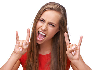 Image showing Rock, hands and portrait of woman on a white background for freedom, energy and heavy metal music. Comic, emoji and face of girl isolated in studio for rock and roll gesture, punk rock and attitude