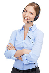 Image showing Portrait, customer service and woman at call center in studio isolated on a white background. Face, contact us and smile of happy female telemarketing worker, consultant or sales agent from Canada.
