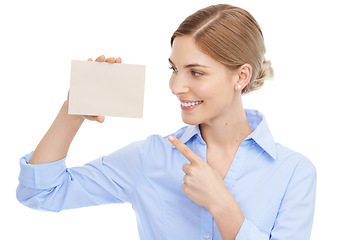 Image showing Presentation, card and pointing business woman marketing a brand on a white background in studio. Happy, branding and employee showing a sales paper for advertising of logo on a studio background