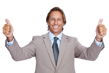 Image showing Happy businessman, portrait and thumbs up hands on isolated white background in success, growth or motivation. Smile, mature and leadership thumb in yes gesture, winner emoji and good luck on mock up