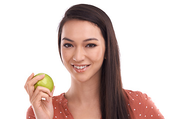 Image showing Apple, health or face portrait of woman with fruit product for weight loss diet, body detox or wellness lifestyle. Healthcare model, nutritionist food or healthy vegan girl on white background studio