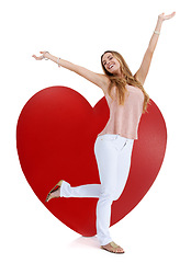 Image showing Heart graphic, valentine love portrait and woman happy with freedom and excited feeling. Model, isolated white background and beautiful young person with happiness and dancing joy with mockup