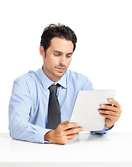 Image showing Thinking, digital tablet and businessman in studio for planning, internet and search on mockup. Management, online project and man busy with schedule while working on app for task, email or browsing