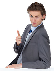 Image showing Portrait, thumbs up and motivation with a business man in studio on a white background to say thank you. Success, winner and face with a male employee giving his vote with a hand sign or emoji