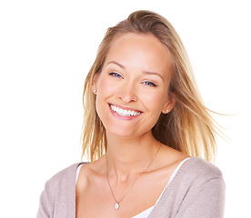 Image showing Happy, smile and portrait of a woman model in a studio with a positive, confident and optimistic mindset. Happiness, excited and face of a female from Canada posing while isolated by white background