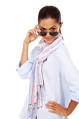 Image showing Checking you out....Black woman, luxury sunglasses and portrait for fashion announcement or discount on glasses in studio. Female model isolated on a white background while peeking, happy and.