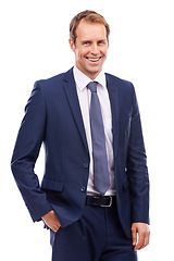 Image showing Leadership, management and portrait of businessman with smile in suit with confident smile isolated on white background. Business, happiness and corporate startup ceo with hand in pocket in studio.